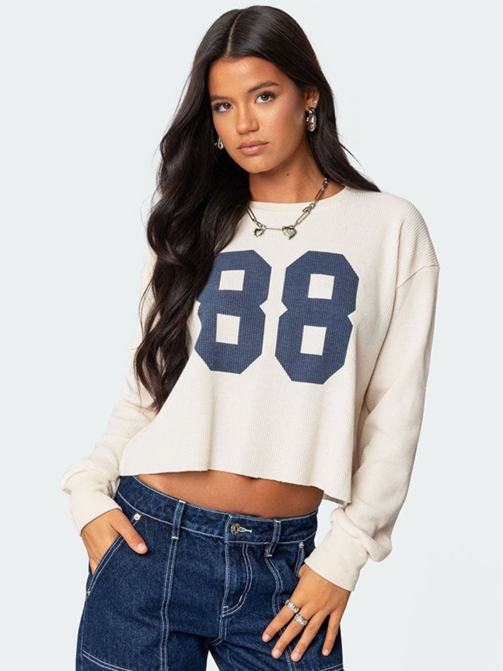 Edikted Cropped Waffle Sweatshirt with Navy 88 Graphic